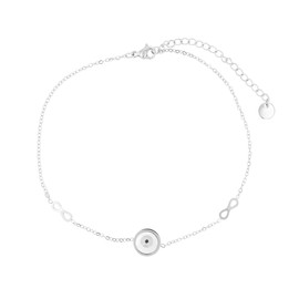 Akzent Fußkette Damen Edelstahl 24+5 cm verstellbar – Fußkettchen „Wenna“ mit Nazar-Auge, Perlmutt & Infinity-Anhängern, silber- oder goldfarben