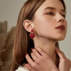 Shiny Love Heart Dangle Earrings for Women Gold-Toned Sequins Round Circle Hearted Statement Charms Drop Fashion Valentine Christmas Holiday Accessories Jewelry (Red)