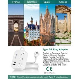 European Travel Plug Adapter with USB C, US to Europe Plug Adapter with 3 AC Outlets 3 USB Ports, Type E/F Power Adapter for USA to Germany France Iceland Spain, 5FT