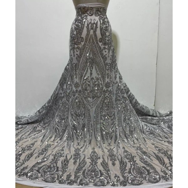 SILVER Sequin/Sheer Stretch White Mesh on Silver Sequin/Sequin for Prom-Per
