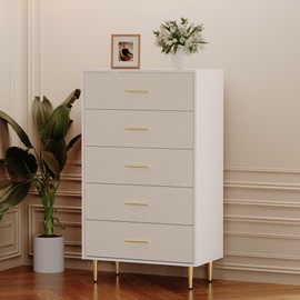 GarveeHome White 5 Drawer Dresser, Tall Narrow Chest of Drawers, Wooden Skinny Dresser with Gold Metal Handles and Legs, Modern Storage Drawer Cabinet for Bedroom, Living Room, Entryway