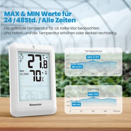 Newentor Max Min Thermometer Indoor Outdoor 24/48 Hours/All Times - Hygrometer Humidity Meter with Air Comfort - Wireless Weather Station with Outdoor Sensor - Indoor Room Thermometer with Lighting,
