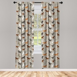 Ambesonne Horses Window Curtains Pack of 2, Abstract Stallions Simple Design Animals Galloping Curvet Illustration, Lightweight Set with Rod Pocket, 4 Panels of - 28" x 63", Taupe Black