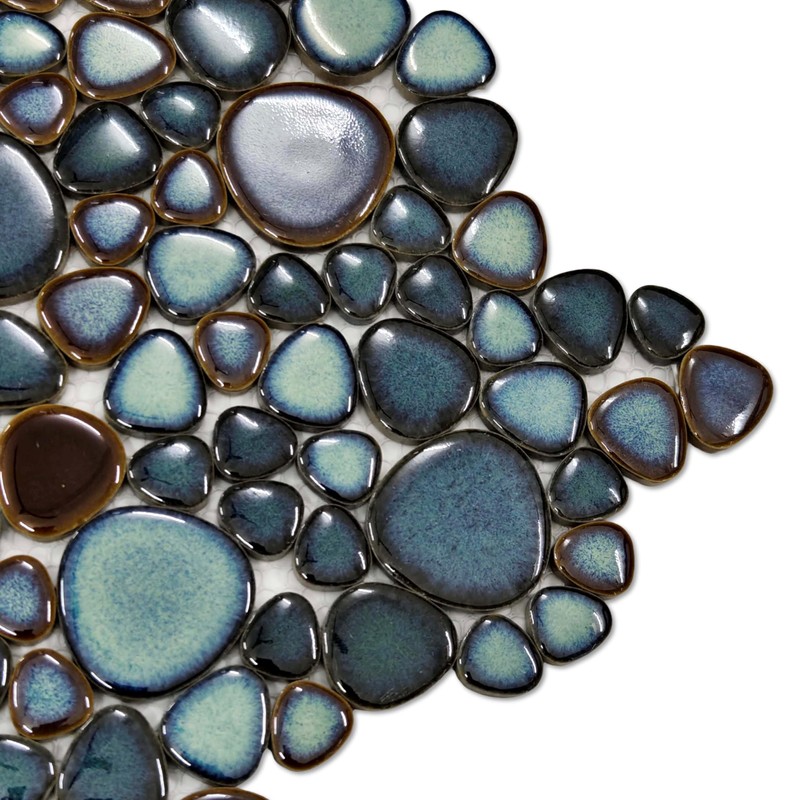Hominter Artisan Pebble Mosaic Tile Sheet Irregular Blue Green Stone-Look