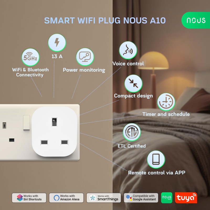 Smart WiFi Plug NOUS A10 with Energy Monitoring, 13A, Dual-Band