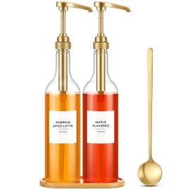 LemonRoad 2 Pack Coffee Syrup Dispenser for Coffee Bar 25.4 oz 750ml Plastic Syrup Dispenser Bottles with Bamboo Tray Pumps Scoop and Labels for Kitchen Bar Accessories