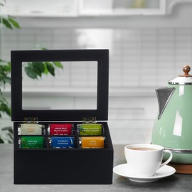 Relaxdays Tea Box, 6 Compartments, Bamboo, H x D: 9 x 21.5 x 16 cm, Tea & Coffee Pods, Tea Box with Lid, Dust-Proof, Black