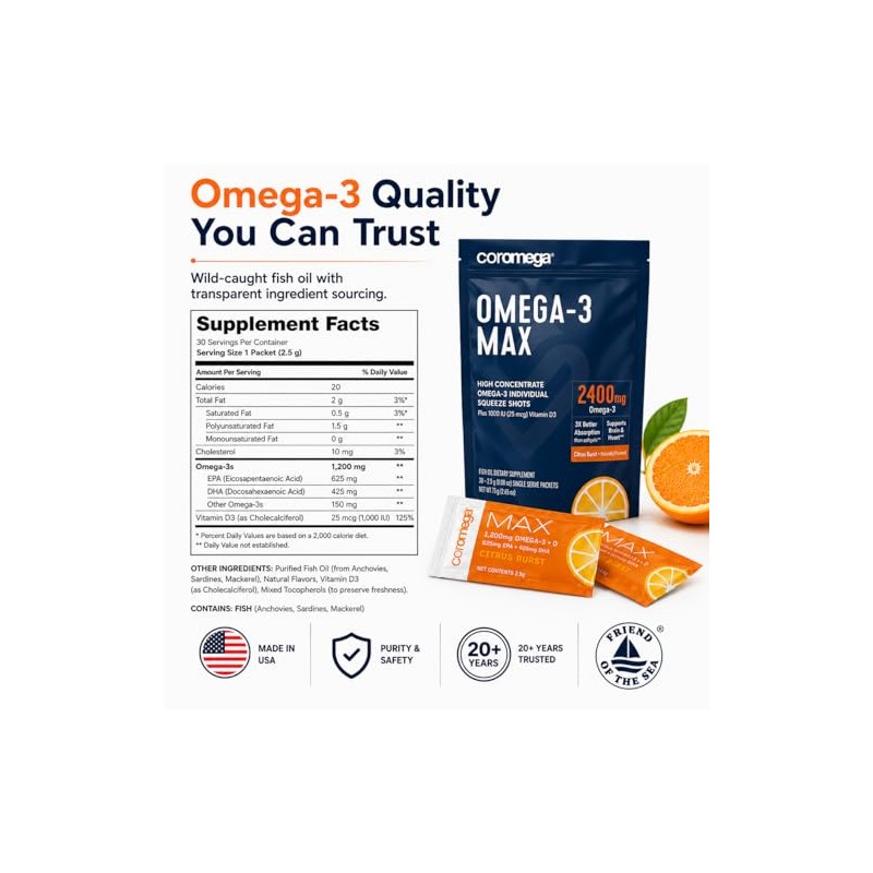 Coromega Max High Concentrate Omega-3 Fish Oil Squeeze Packets, DHA