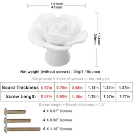 ESreake 4-Pack Rose Ceramic Knobs, Rose Flower Ceramic Vintage Pulls Kitchen Cabinet Dressing Table Dresser Handles with 3 Size Screws for Girl's Room Dresser Cupboard Wardrobe (4, White)