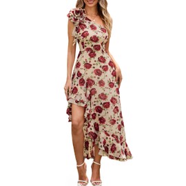 Womens 2024 Floral One Shoulder Sleeveless Dresses Ruffle Hem Flowy Boho Wedding Guest Dresse