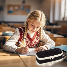 Pencil Case for Girls,Flower Quilted Large Capacity Pencil Pouch with 2 Compartment, Zipper Pencil Bag with Handle, Women Soft Pencil Box for Middle School Office College