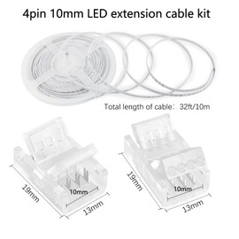 VIPMOON 32.8ft 4 Pin Led Strip Light Extension Cable Wire and 10Pcs 4 Pin 10mm LED Light Strip Connectors Kit Strip to Wire/L Shape 90 Degree Corner for Waterproof/Non-Waterproof RGB 5050 3528
