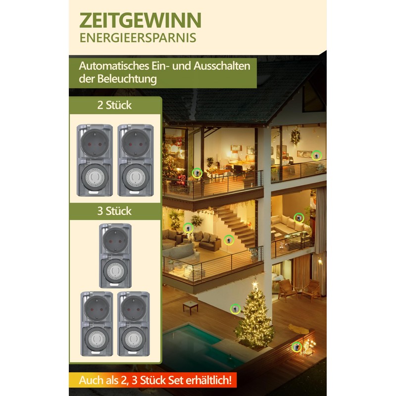 4smile Outdoor Timer, Set of 3, Mechanical IP44 Timer Socket,