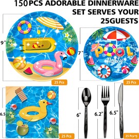 150Pcs Pool Party Supplies Beach Party Supplies Set 9"& 7"Pool Party Plates and Napkins Knives Forks Spoons for Beach Pool Theme Beach Party,luau Ball Water Tube Picnic Pool Birthday Party Decorations