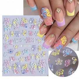 Flower Nail Art Stickers- 3 Sheets Colorful Flower Ocean French Lines Nail Stickers 3D Self-Adhesive Flowers Nail Designs Stickers Summer Nail Decals for Nail Art Manicure Decoration