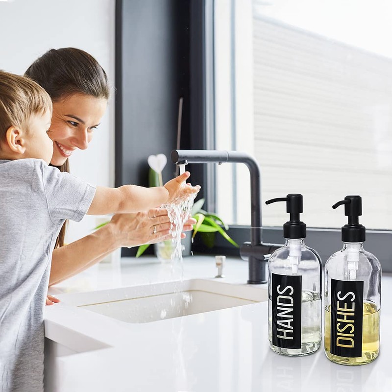 JASAI 2Pack 18OZ Glass Soap Dispenser with Black Stainless Steel