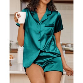 Ekouaer Women's Satin Pajamas Set 2 piece Silky Sleepwear Buttton Down Short Sleeves Top and Shorts Pj Set Teal XL
