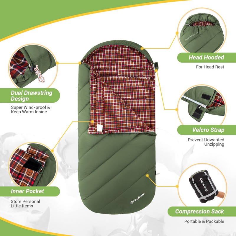 KingCamp Sleeping Bag for Adults, Extra Wide Flannel Sleeping Bag
