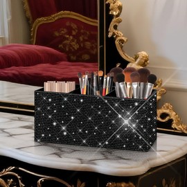 Bling Makeup Brush Holder Organizer, 3 Slot Sparkle Cosmetics Brushes Storage Holders with Shiny Rhinestones, Glitter Cute Pen and Pencil Holder for Desk, Eyeliners Display Case for Vanity (black)
