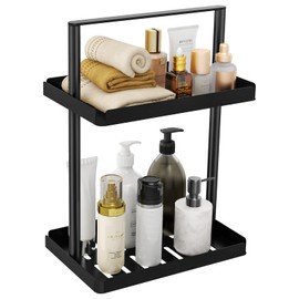 STWWO 2 Tier Bathroom Counter Organizer, Vanity Organizer for Bathroom Corner Shelf, Metal Standing Shower Caddy with Handle, Countertop Storage Rack for Kitchen, Bathtub, Black