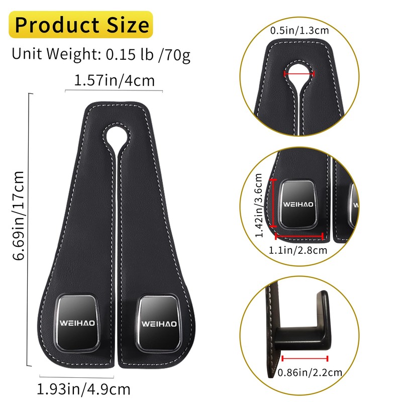 WEIHAO Car Purse Hook, Leather Back Seat Storage Hook, Double