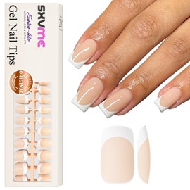 SXVME French Gel Nail Tips Medium Square 300Pcs Pre-applied Tip Primer White French Tip Press on Nails Medium Short Square Nude, Natural Fake Nails Extensions DIY Nail Art