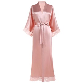 BABEYOND Satin Kimono Robe Silky Long Bridesmaid Wedding Lightweight Bath Robe with Lace Trim, Pink, One Size Plus