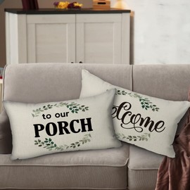 Welcome to Our Porch Linen Throw Pillow Case, 20 x 12 Inch Set of 2, Farmhouse Porch Bench Gift,Welcome Lumbar Decorative, Porch Decor Cushion Cover for Sofa Couch Bed