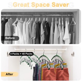 Legging Organizer for Closet, Metal Yoga Pants Hangers 4 Pack w/10 Clips Holds 40 Leggings, Space Saving Hanging Closet Organizer w/Rubber Coated Closet Organizers and Storage, Green