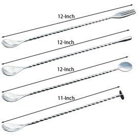 JETKONG 4 Pcs Bar Spoons Cocktail Mixing Spoon 12-Inch Bar Stirring Spoon Stainless Steel Cocktail Stirrer, Long Handle Drink Stirrers Cocktail Spoons