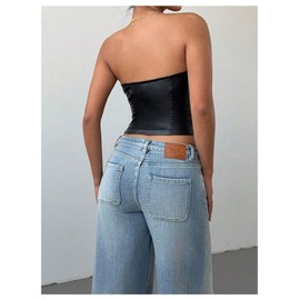 MakeMeChic Women's Faux Leather Tops Bow Strapless Tube Top Sleeveless Fitted Club Bandeau Tops Black Medium