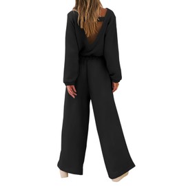 Yousify Women's Casual Pajama Set Jumpsuit Casual Sweatshirt Rompers Casual One-Piece with Pockets Black XL