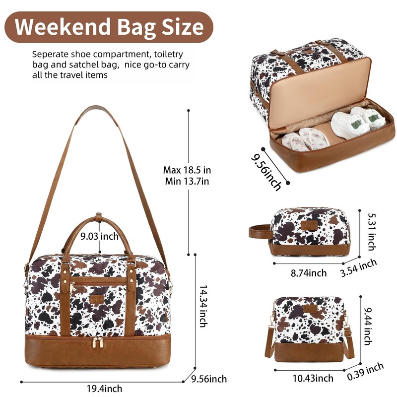 3PCS Weekender Bags for Women Large Overnight Bag, Brown Cow