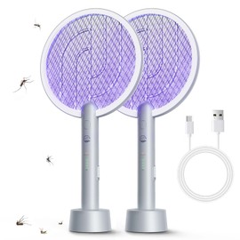 Mosiller Electric Fly Swatter Racket 2 Pack, 2 in 1 Bug Zapper with USB Rechargeable Base, 4000 Volt Mosquito Killer with 3-Layer Safety Mesh for Pest Insect Control for Indoor、Office、Backyard、Camping