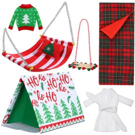 Liliful 6 Pcs Christmas Elf Sleeping Bag Set Elf Camping Accessory Set with Elf Christmas Tent, Sweater, Bathrobe, Swing Christmas Elf Hammock Xmas Doll Accessory for Doll Decorations(Cute)