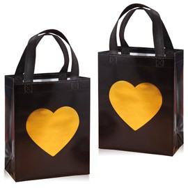 YINGZI 12 Black Gift Bags Printed With Shiny Gold Heart Logo, Reusable Non-Woven Bag Gift Bags With Glossy Shopping Bags, Eco-Friendly Shopping Bags, Christmas, Party Birthday Bags 8x4x10 Inch