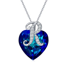 SVODEA Initial Letter Pendant Necklace for Women,925 Sterling Silver Created Blue Heart Crystal Initial A-Z Alphabet Necklaces, Sterling Silver, crystal