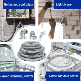 (1/2" Dia * 50 Feet) Yariwiz Flexible Steel Electrical Conduit Steel Conduit Kit with 5 PCS Coupling, 3 PCS Elbow and 10 PCS Strap, S-LCCK-0.5-50FT-KIT