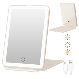 FUNTOUCH Rechargeable Travel Makeup Mirror with 72 Led Lights, Portable Lighted Makeup Mirror, 3 Color Lighting, Dimmable Touch Screen, Type C, Tabletop LED Folding Cosmetic Vanity Mirror