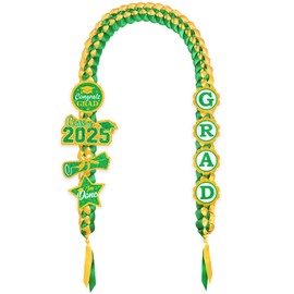 JOTFA Graduation Leis 2025, Graduation Money Leis Handmade Double Braided Ribbon Lei with 8 Graduation Glitter Patches for Graduation Party Decorations (Graduation Lei, Green & Gold)