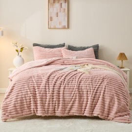 Simple&Opulence Fluffy Faux Fur Comforter Set, Plush Fuzzy Minky Bedding Set, 3 Pieces Warm Soft Comforter Bedding Set for Winter - 1 Shaggy Comforter with 2 Pillow Shams(King, Striped - Pink)
