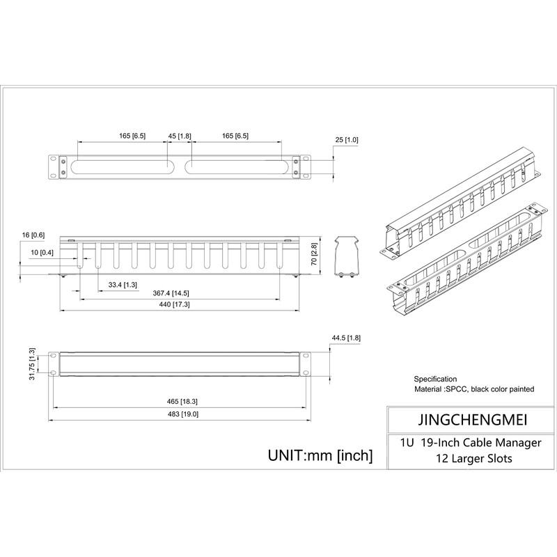 Jingchengmei All Metal 1U 19 Inch Server Rack Wire Management