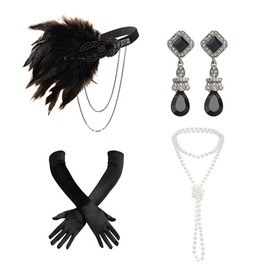 Niaspi 4 Pcs 1920s Jewelry Set Vintage Layered Pearl Necklace Gatsby Rhinestone Teardrop Dangle Earrings Multilayer Pearls Necklace Earrings Headband Glove Flapper Accessories for Women Bridal(Black)
