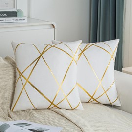 Kiatuniya Cushion Covers 45 x 45 cm White Sofa Cushion with Gold Line Modern Bed Cushion Covers Autumn Decorative Pillows Velvet Gold Square Cushion Covers for Living Room Bedroom Couch Set of 2