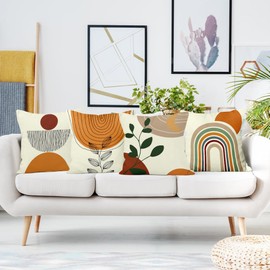 Abstract Cushion Cover, Uiiooazy Cushion Covers, Boho Terracotta Green Leaves, Sun Arch Pattern, Square Cushion Cover, Velvet Decorative Cushion Cover for Sofa, Couch, Bedroom, Living Room, Car, Set