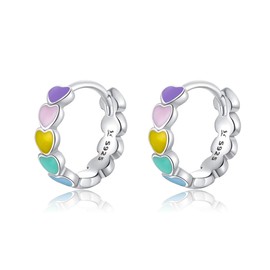 Lorrifal Hypoallergenic 925 Sterling Silver Cute Colourful Rainbow Heart Couples Huggie Round Hoop Earrings Jewellery Gift for Women Girls with Gift Box, Resin