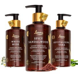 L'amour Natural | Luxury Divine Body Wash Collection | White Musk | Spicy Sandalwood | Revitalizing Vera | Essential Oils | Sulphate Free | Gentle for dry and sensitive skin | 250mL | PACK of 3