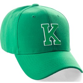 Daxton Classic Baseball Hat Custom A to Z Initial Team White Green Letter, Kelly Cap Letter K