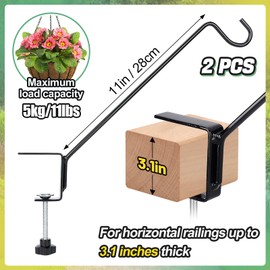 Biubee Deck Bird Feeder Hanger for Railing- 2Pack Heavy Duty Steel Stable Deck Railing Plant Hanger Outdoor, with Adjustable 3.1" Clamp, Deck Hook for Bird Feeder Plant Hangers Lanterns, 11 Inches