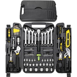TLGREEN 95 Piece Tool Set, Tool Kit, Mechanics Tool Set, Portable Toolbox with Adjustable Wrench Pliers Socket Bits, with Plastic Toolbox Storage Case, for House Apartment Garage (Yellow)